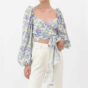Strangers & Lovers Puff Sleeved Floral Shirred Wrap Crop Top Size Small
